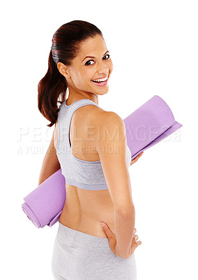 Buy stock photo Fitness portrait, woman and happy with yoga mat in studio for workout, exercise and training with healthy body. Personal trainer, person or smile for pilates, practice or wellness on white background