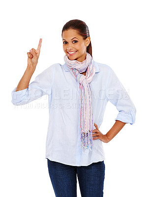 Buy stock photo Woman, portrait and hand pointing up on isolated white background at promotion mockup or marketing space. Smile, happy and fashion model and showing hand gesture at sales, deal or advertising mock up