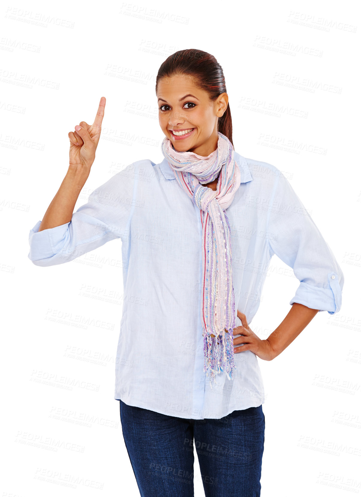 Buy stock photo Woman, portrait and hand pointing up on isolated white background at promotion mockup or marketing space. Smile, happy and fashion model and showing hand gesture at sales, deal or advertising mock up