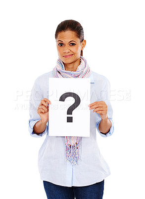 Buy stock photo Question mark, marketing and portrait of a woman with a poster for branding isolated on a white background in studio. Paper, decision and employee confused about advertising a question on a sign