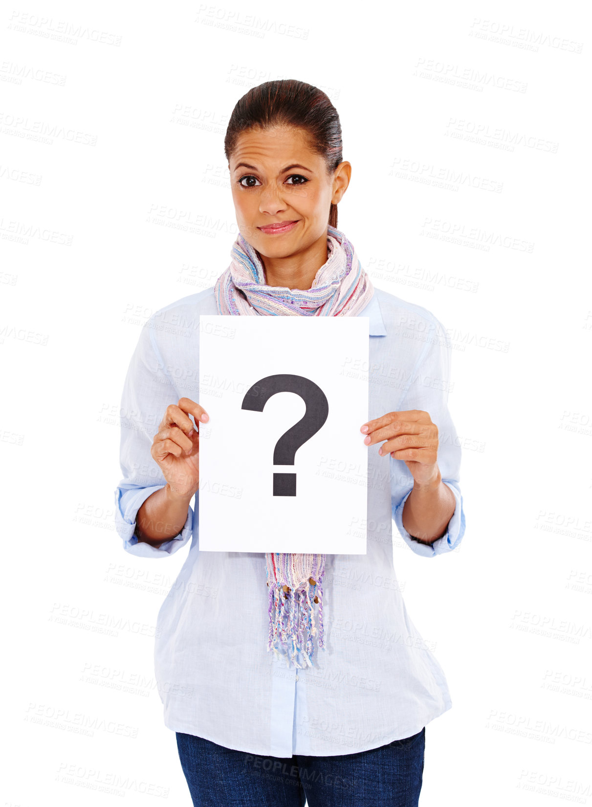 Buy stock photo Question mark, marketing and portrait of a woman with a poster for branding isolated on a white background in studio. Paper, decision and employee confused about advertising a question on a sign