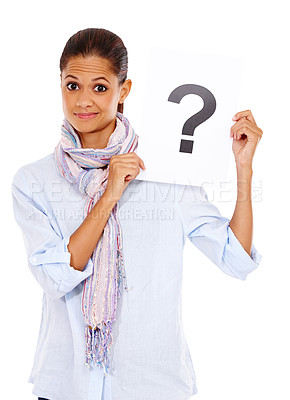 Buy stock photo Confused, question mark and portrait of a woman with a paper isolated on a white background. Marketing, sign and person advertising a brand with a surprise decision on poster on a studio background