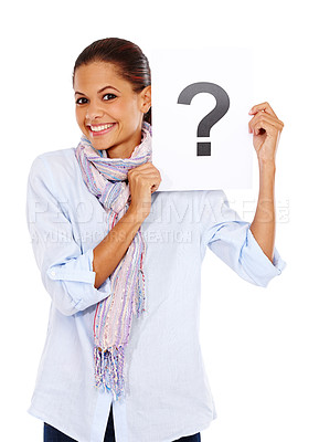 Buy stock photo Woman with question mark poster, portrait and question with branding or advertising isolated on white background. Document, faq and paper sign with marketing, happy and icon, why and interrogation