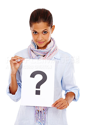 Buy stock photo Happy, question mark and portrait of a woman with a paper isolated on a white background. Marketing, sign and person advertising a brand with a surprise decision on poster on a studio background