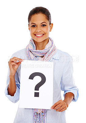 Buy stock photo Black woman, question paper and smile portrait for poster advertising, branding marketing and isolated in white background. African girl, question mark board and happiness or confident face in studio