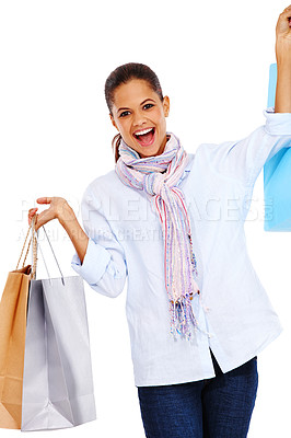 Buy stock photo Happy, woman and shopping bags portrait of a model excited after retail, discount and sale. White background, isolated and happiness of a customer with vertical mockup and smile from buying clothing