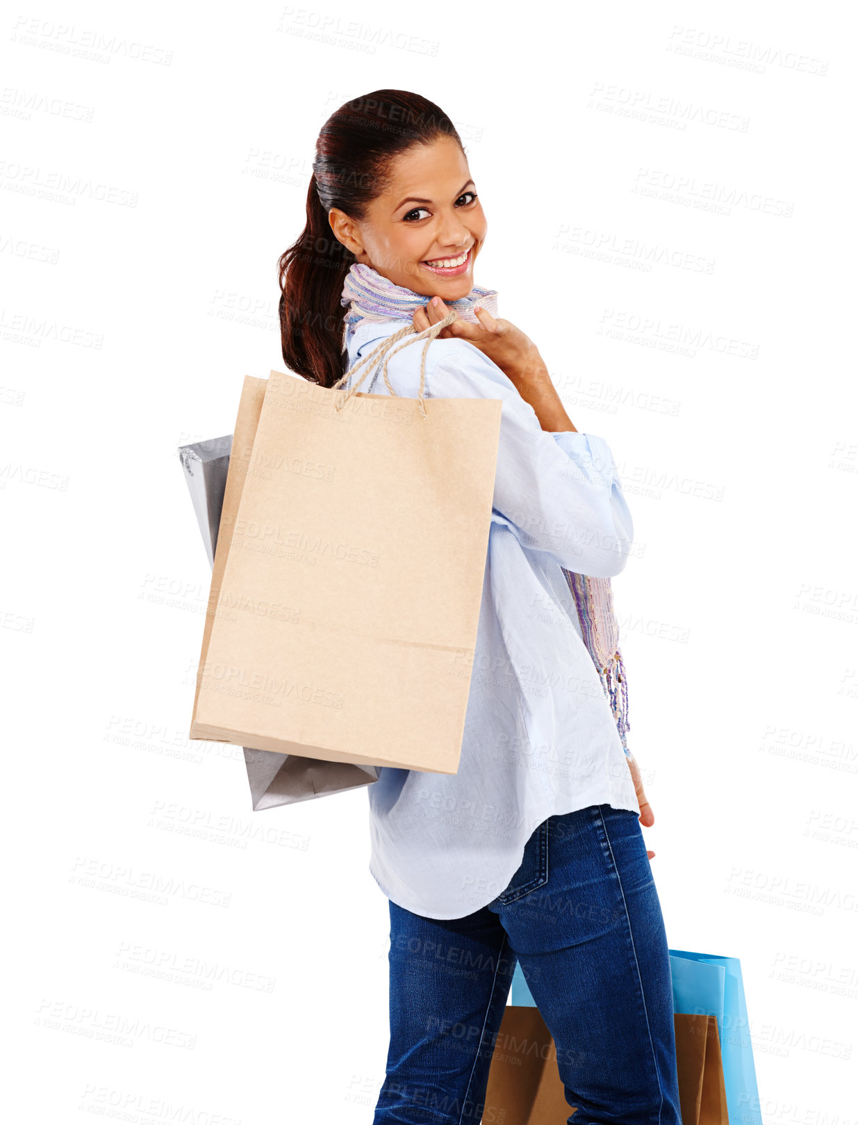 Buy stock photo Happy shopping, woman and portrait with white background, isolated studio or retail mall sales. Rich customer, model and gift bags of commerce market, discount product promotion or luxury store brand