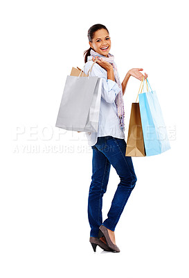 Buy stock photo Shopping bag, excited woman and studio portrait with white background, isolated mockup and sales. Happy customer, model and retail shopping from market, discount promotion or luxury store brand offer