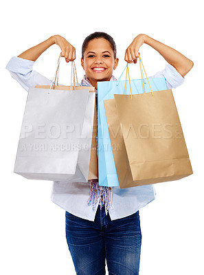 Buy stock photo Shopping bag, woman and smile for studio portrait on white background, isolated and excited gift sales. Happy customer, model and retail shopping from market, discount promotion or luxury store offer