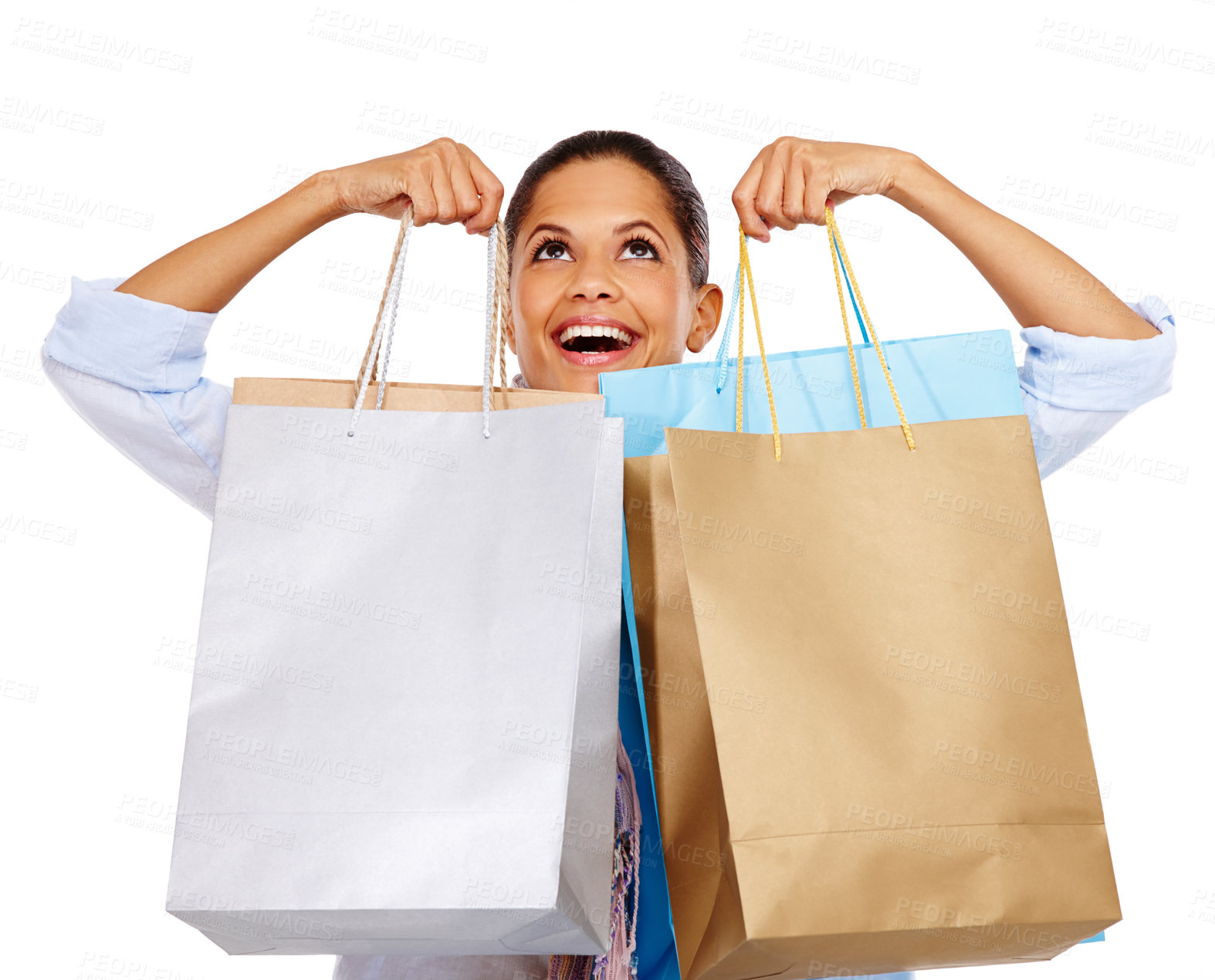 Buy stock photo Woman, shopping bags and smile for store sale, discount or deal against white studio background. Happy isolated female shopper smiling holding gift bags for retail shopping spree on white background