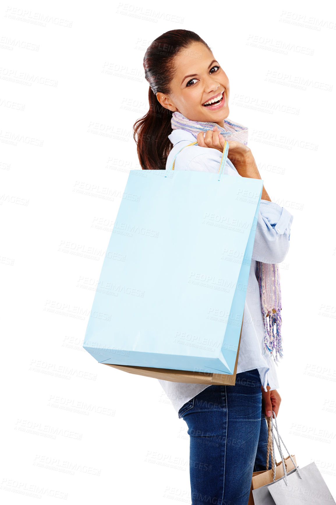 Buy stock photo Happy shopping, woman and studio portrait with white background, isolated and retail mall sales. Rich customer, model and gift bags for shopper service, discount promotion and luxury store brand deal