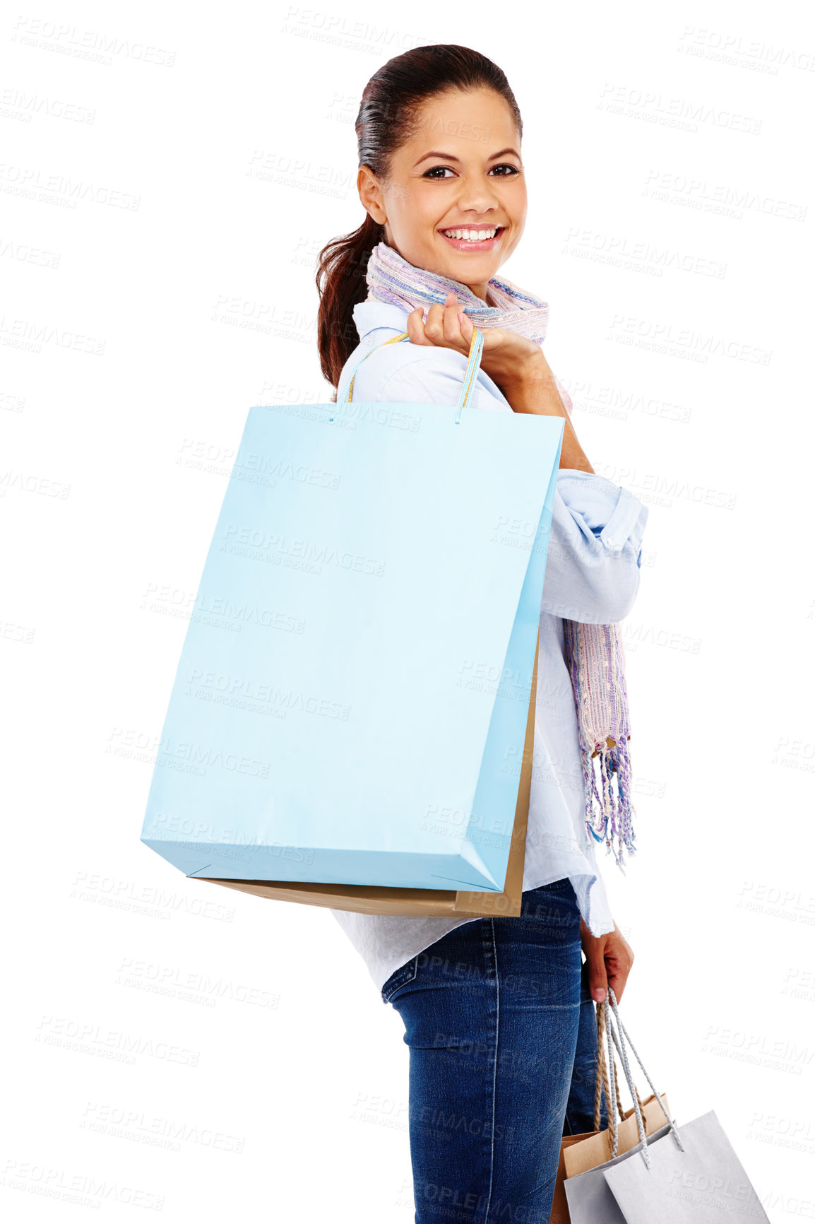 Buy stock photo Woman, shopping and studio portrait with white background, isolated and retail mall sales. Happy customer, model and shopping bags of commerce market, discount promotion and luxury store brand offer