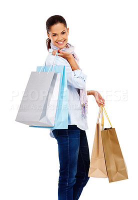 Buy stock photo Woman, bag and shopping in studio portrait with white background, isolated and retail store sales. Happy customer, model and gift bag product, market deal and discount promotion of luxury brand offer