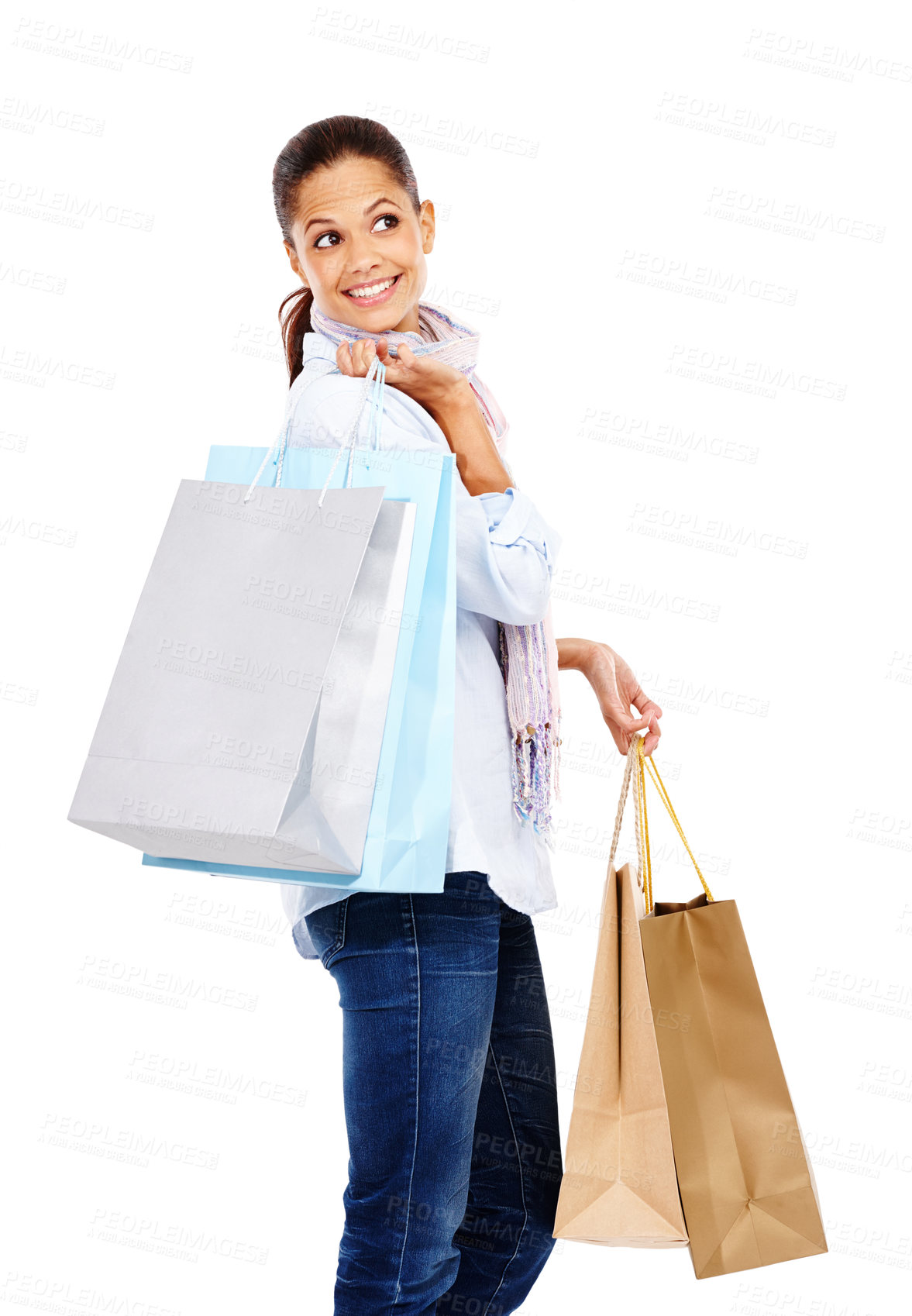 Buy stock photo Woman, shopping bag and thinking in studio, white background and isolated retail product sales. Happy customer, rich model and gift bag for discount mall promotion, luxury store brand and market deal