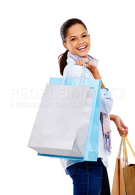 Buy stock photo Woman, smile and shopping in studio, portrait and isolated white background for sales. Happy customer, rich model and retail promotion of commerce market, discount product and luxury store brand deal