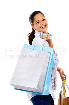 Buy stock photo Woman, shopping bags and studio portrait with white background, isolated and market sales. Rich customer, model and gift bag for retail, commerce and discount promotion of luxury store brand product