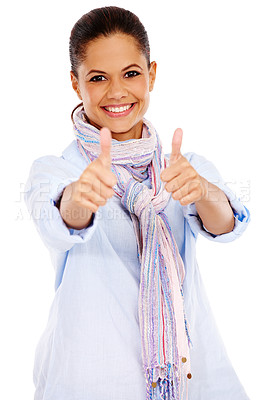 Buy stock photo Woman, smile and thumbs up for winning, deal or discount against a white studio background. Portrait of isolated female smiling and showing thumbsup for good job, sale or finished on white background