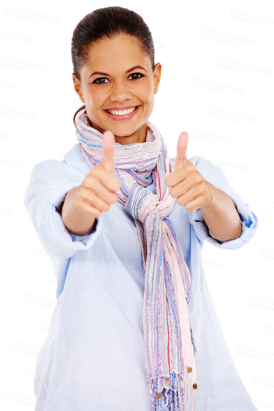 Buy stock photo Woman, smile and thumbs up for winning, deal or discount against a white studio background. Portrait of isolated female smiling and showing thumbsup for good job, sale or finished on white background