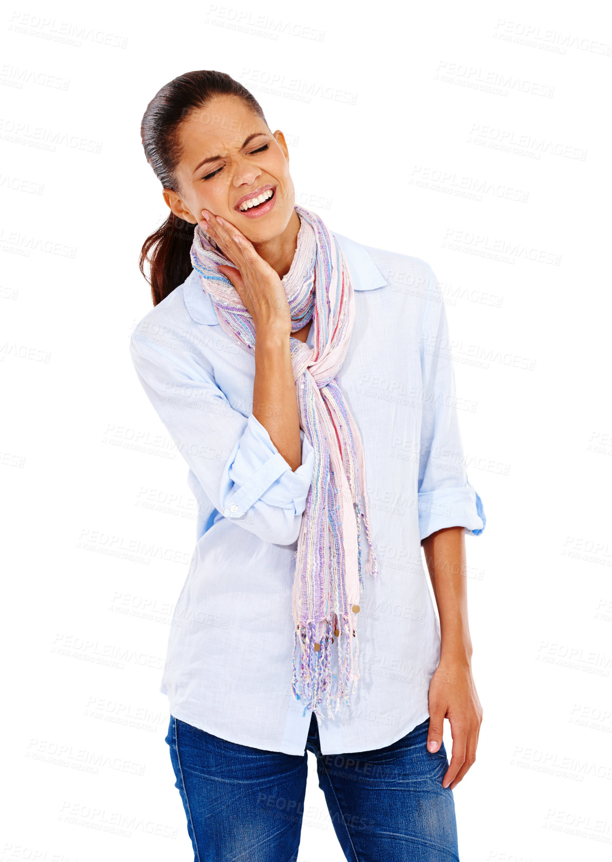 Buy stock photo Dental, toothache and tooth decay with a black woman in studio isolated on a white background at the dentist. Teeth, gums and cavity with a female holding her jaw on blank space from oral hygiene