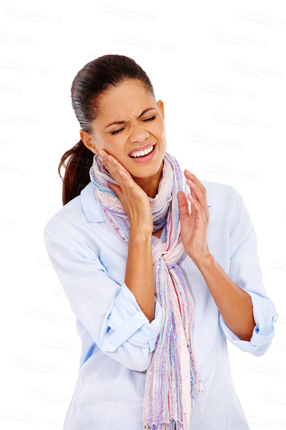 Buy stock photo Dental, toothache or pain with a black woman in studio isolated on a white background for oral hygiene. Teeth, gums or cavity and a female holding her jaw at a dentist on blank space with tooth decay