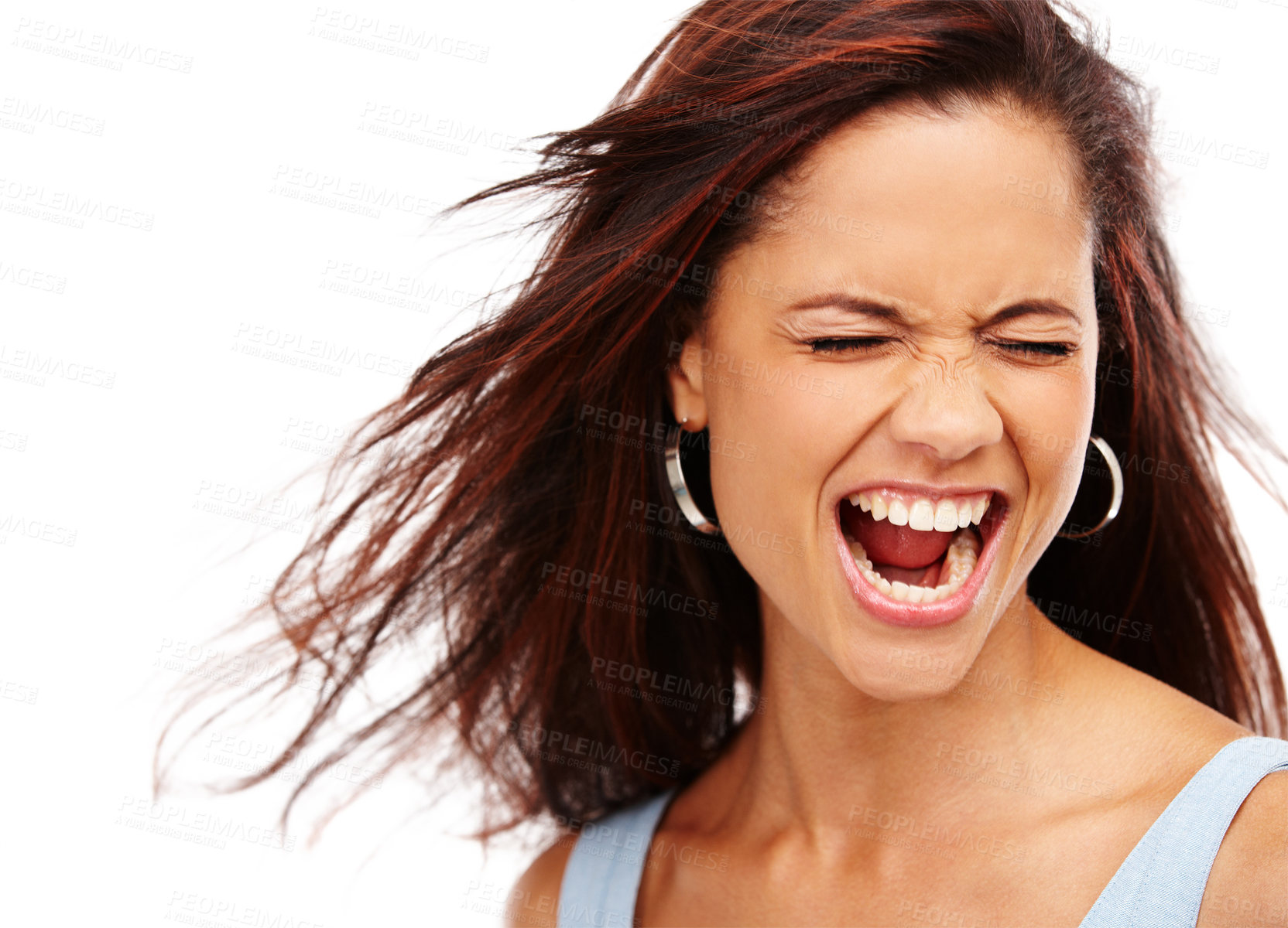 Buy stock photo Woman, shout and energy in studio with eyes closed, noise and mouth for celebration on white background. Female person, screaming and loud for freedom, excited and success with emotion and voice