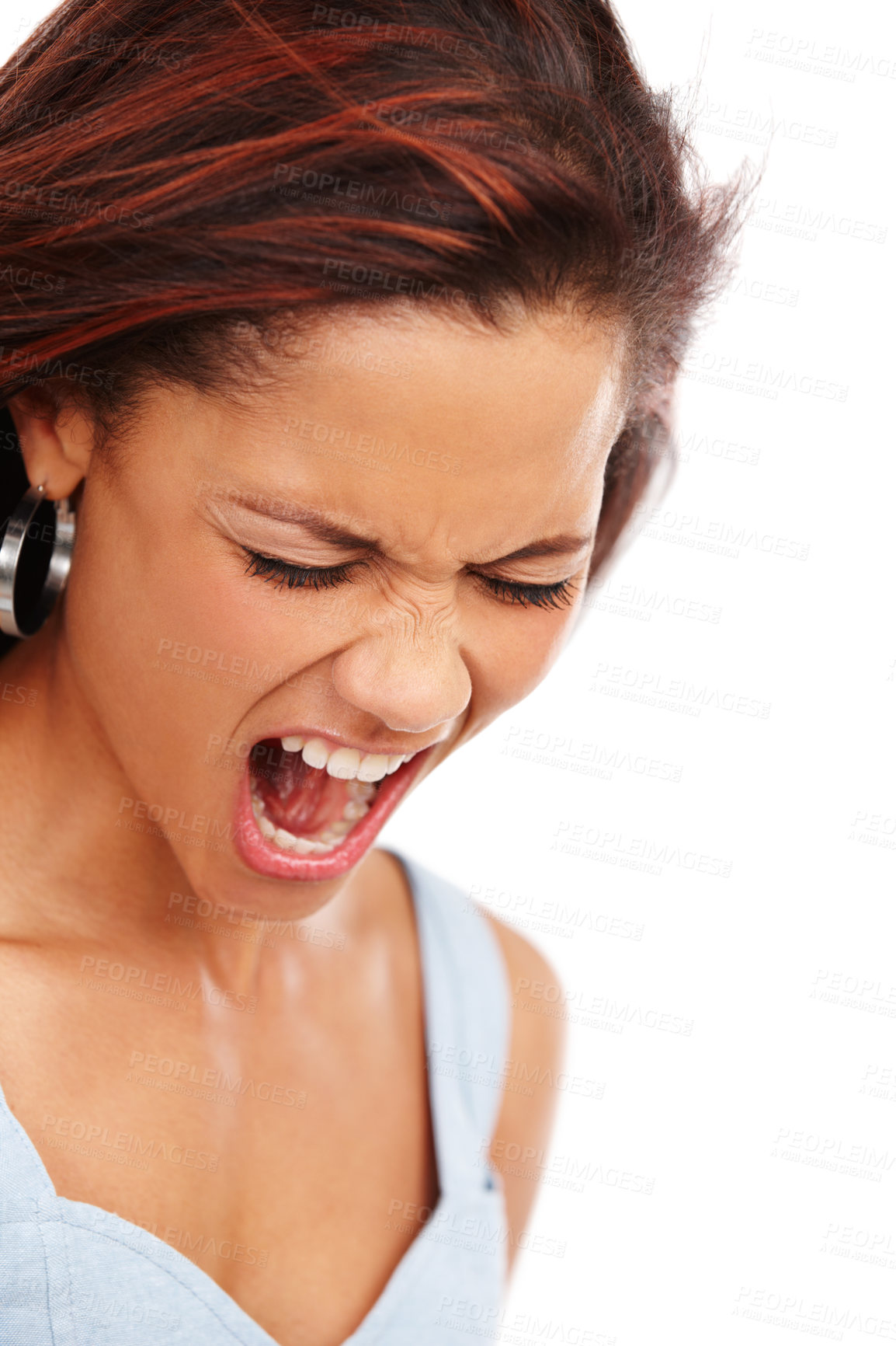 Buy stock photo Woman, shout and loud in studio with eyes closed, closeup and mouth for frustrated on white background. Female person, screaming and energy for angry, anxiety and crisis with stress and overwhelmed