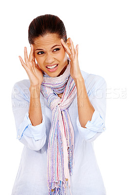 Buy stock photo Headache, mental health and a woman with stress or pain while frustrated with anxiety and depression. Female feeling burnout fatigue, sick or brain fog problem isolated on a white background