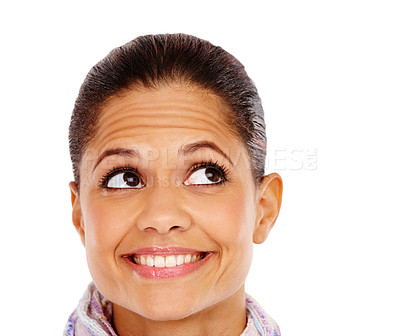 Buy stock photo Looking, thinking and black woman excited, smile and curious female isolated on white studio background. Happiness, African American lady and mindset with fantasy, ideas and daydreaming on backdrop