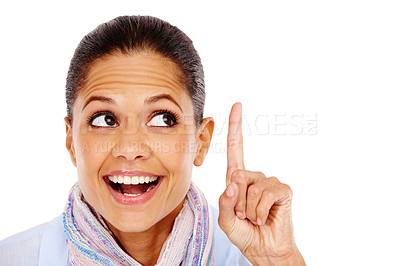 Buy stock photo Smile, announcement and notice, woman pointing up with mockup and product placement isolated on white background. Discount sale, marketing and advertising space, happy woman from India in studio.