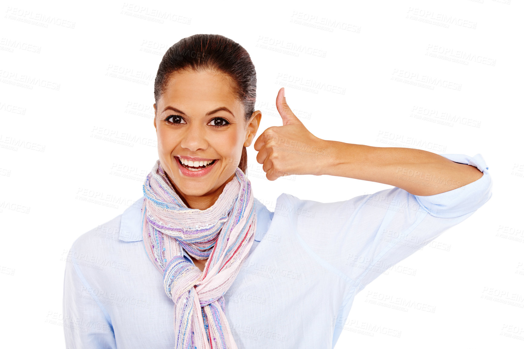 Buy stock photo Face portrait, thumbs up and business woman in studio on a white background. Thumbsup, support and happy female with hand gesture for like emoji, approval or thank you, yes and success motivation.
