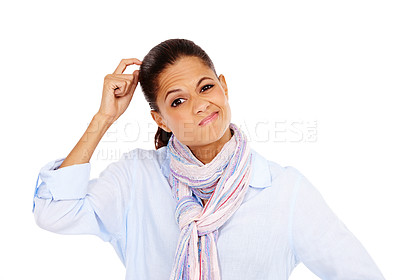 Buy stock photo Confused, thinking and portrait of a woman in a studio with a question, idea or thought. Puzzled, wondering and female model from Mexico scratching her head while isolated by a white background.