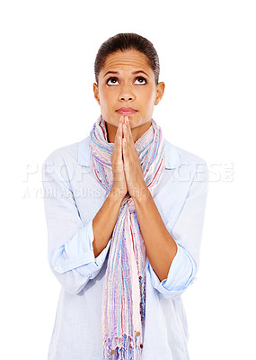 Buy stock photo Prayer, woman and Christian praying in studio isolated on white background. Religion, faith wish and female looking up to worship God, holy spirit and Jesus for spiritual communication, help or hope.