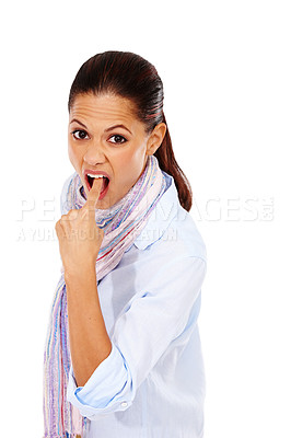 Buy stock photo Disgusted portrait and woman sticking finger for nausea, sickness and vomit expression of people. Food poisoning and illness of young indian person on isolated white background in studio.