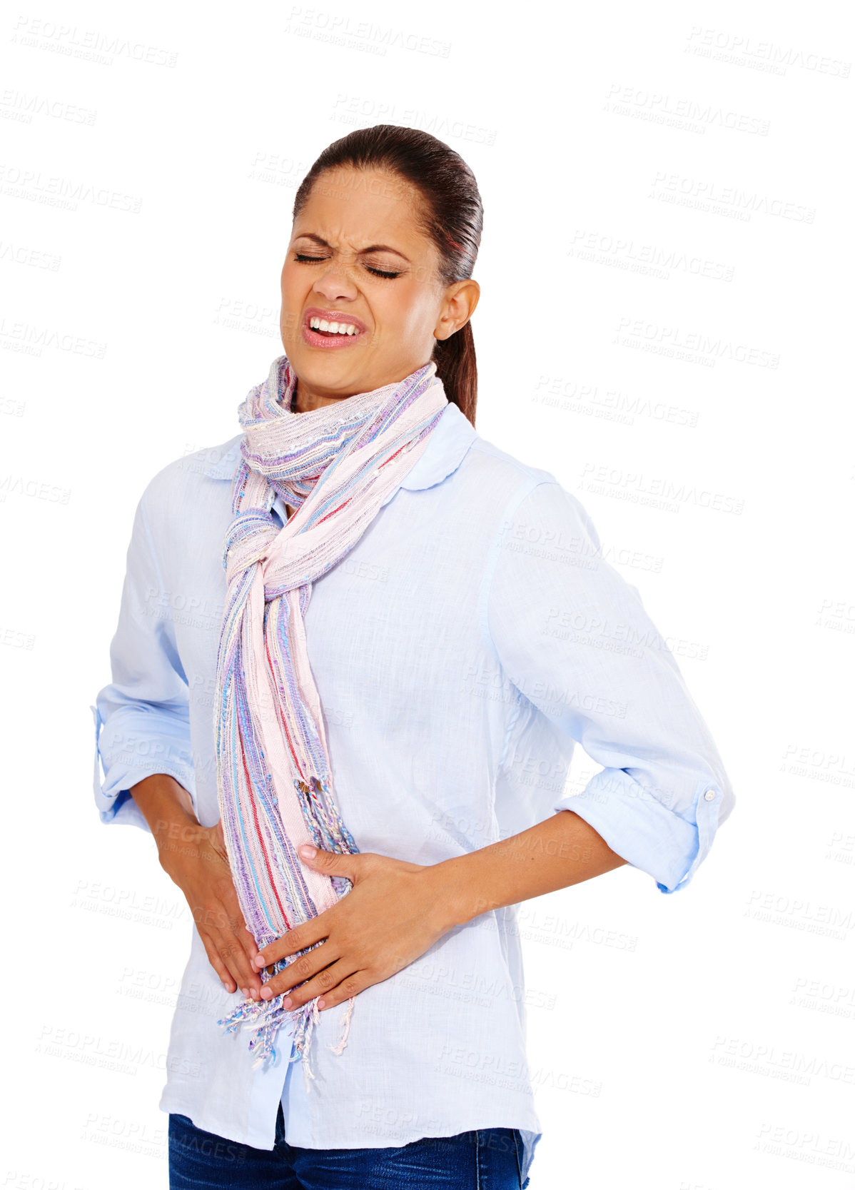 Buy stock photo Colon, digestion or constipation and a model black woman in studio isolated on a white background with stomach pain. Menstruation, stomach ache and period with a hurt young female on blank space