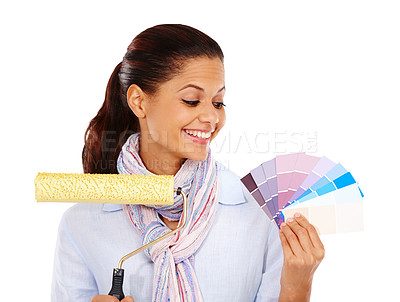 Buy stock photo Happy woman, color swatch and paint roller on isolated white background in house, home and apartment wall ideas. Smile, interior designer and creative with painting tools, vision and DIY mockup tools