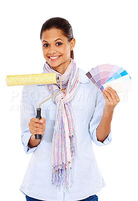 Buy stock photo Woman portrait, color swatch and paint roller on isolated white background in house, home and apartment wall ideas. Smile, happy or creative interior designer and painting tools, vision or DIY mockup