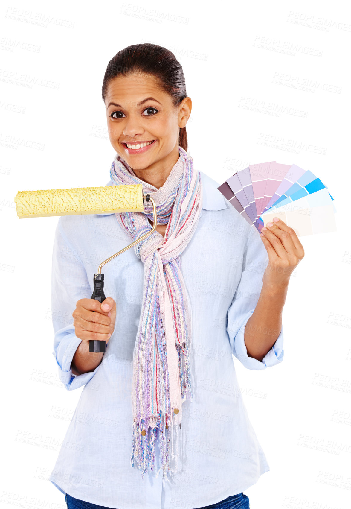 Buy stock photo Woman portrait, color swatch and paint roller on isolated white background in house, home and apartment wall ideas. Smile, happy or creative interior designer and painting tools, vision or DIY mockup