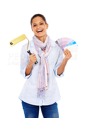 Buy stock photo Happy woman, portrait and color swatch roller on isolated white background in house, home or apartment wall ideas. Smile, happy and interior designer with painting tools, vision and DIY mockup tools