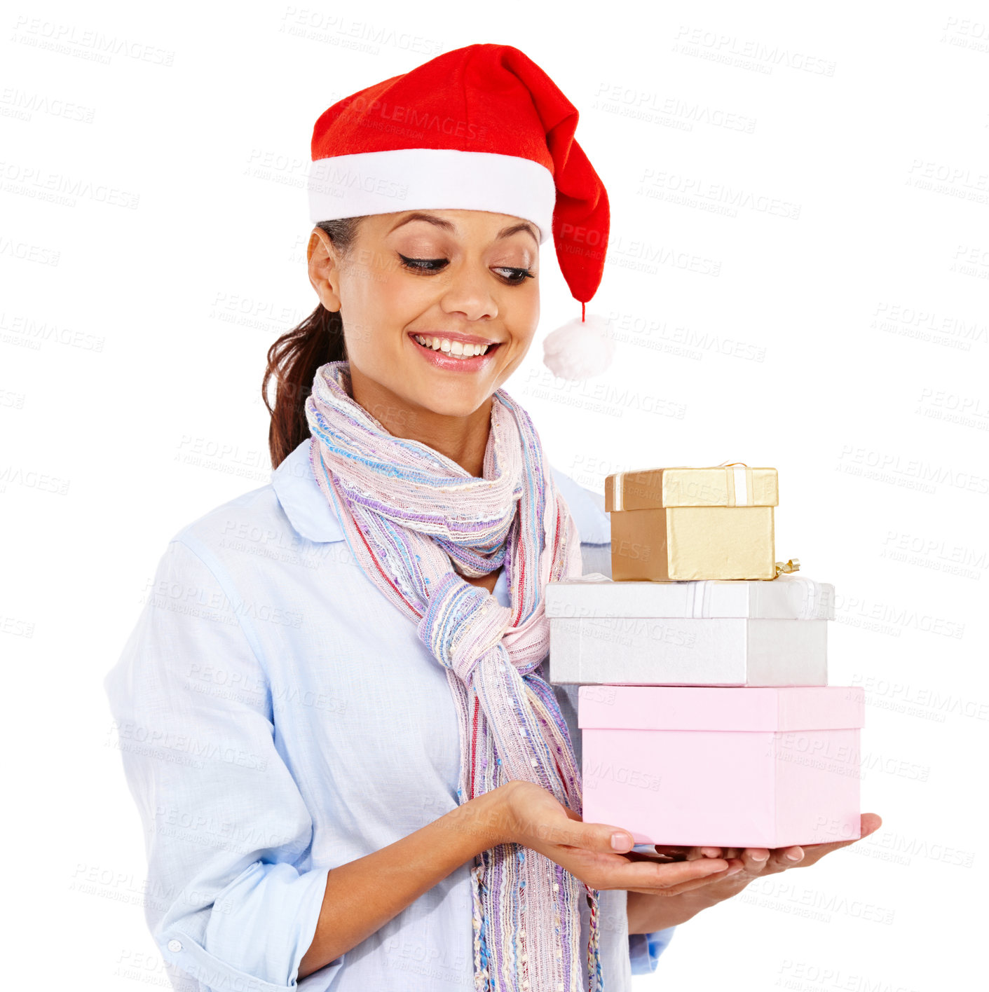 Buy stock photo Black woman, happy and Christmas gifts in studio for holiday celebration, festive happiness and isolated in white background. African female, smile and ready or excited for xmaz present giving 