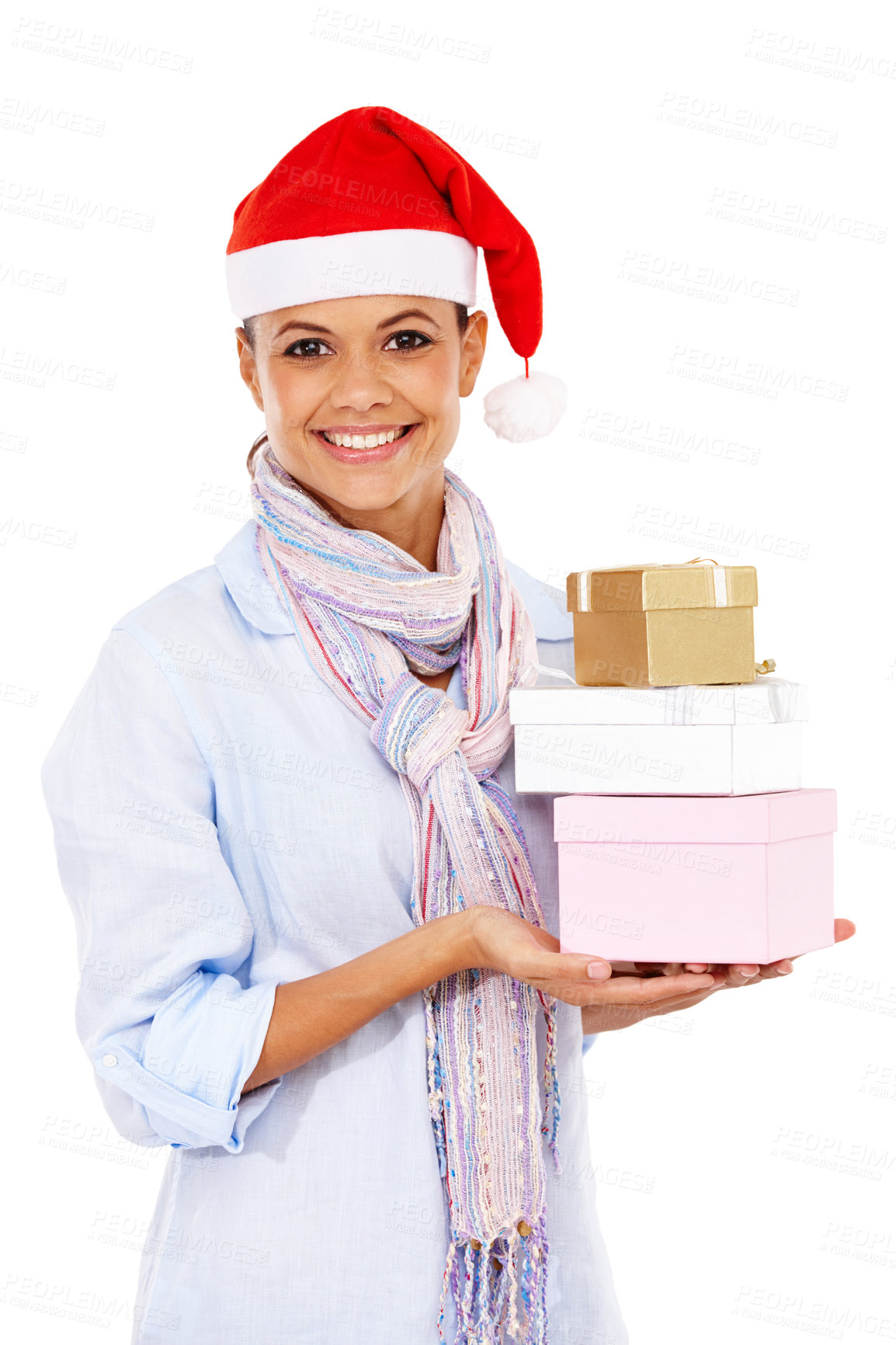 Buy stock photo Christmas, portrait and woman with gifts in studio isolated on a white background. Face, holidays and smile of happy female holding presents or boxes for December party, celebration and xmas event.