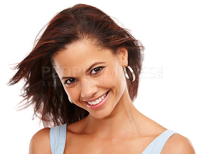 Buy stock photo Closeup of a beautiful young ethnic woman smiling at the camera