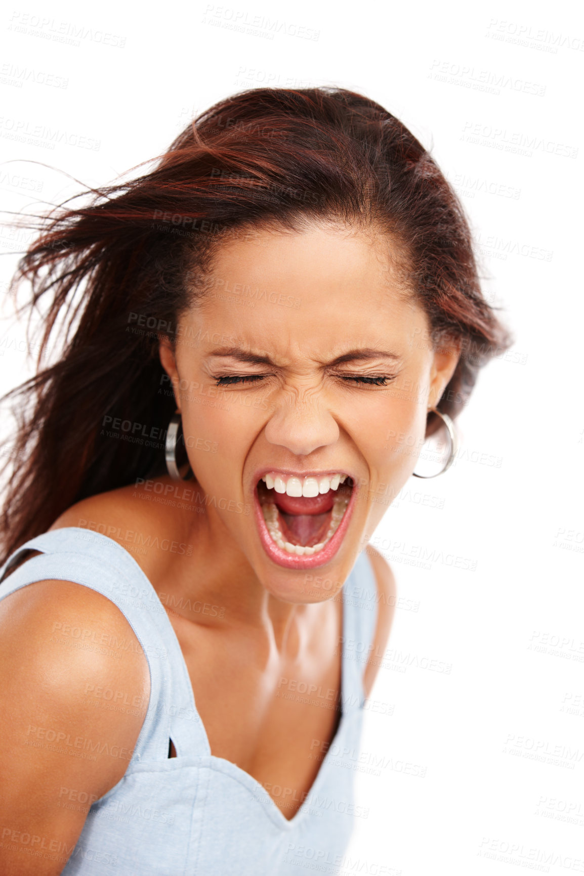 Buy stock photo Woman, screaming and celebration in studio with eyes closed, energy and cheer for achievement on white background. Female person, shout and loud for winning, excited and success with emotion or voice