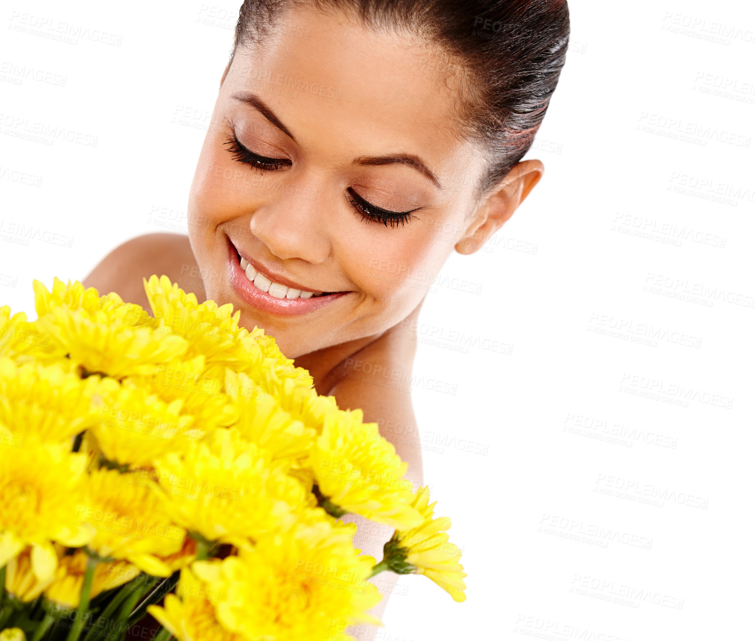 Buy stock photo Happy woman, beauty and studio for flower skincare, natural and eco friendly product on white background. Female person, sustainable makeup and treatment for cosmetics, bouquet and soft dermatology