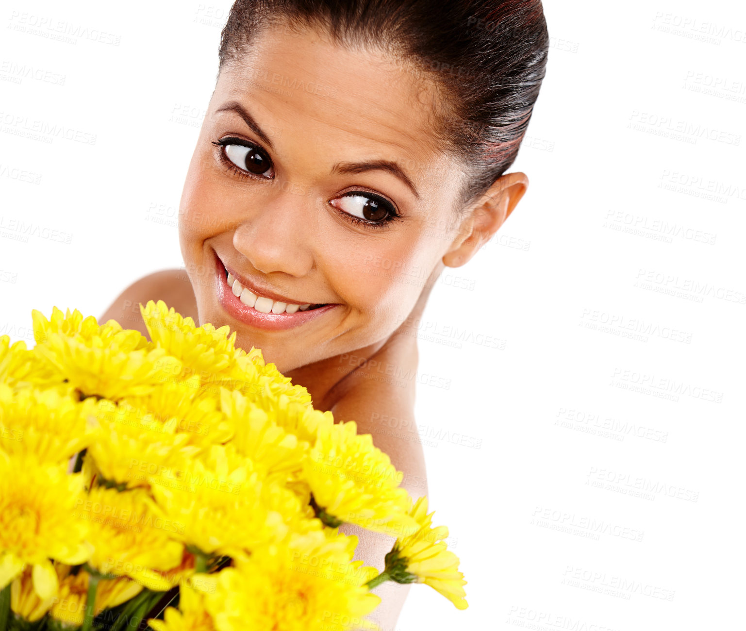 Buy stock photo Happy woman, thinking and studio for flower skincare, natural and eco friendly product on white background. Female person, sustainable makeup and treatment for cosmetics, plants and dermatology