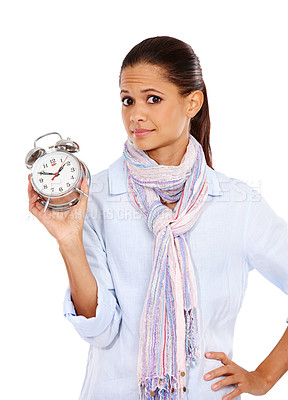 Buy stock photo Time, late and portrait of woman with clock, frown and schedule countdown isolated on white background. Timeline, stress and worried woman with alarm clock, time management and deadline in studio.