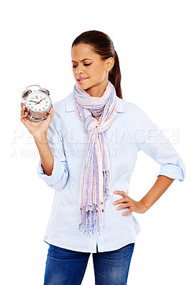 Buy stock photo Time, late and portrait of worried woman with clock, appointment schedule isolated on white background. Timeline, countdown and woman with alarm clock, time management stress from India in studio.