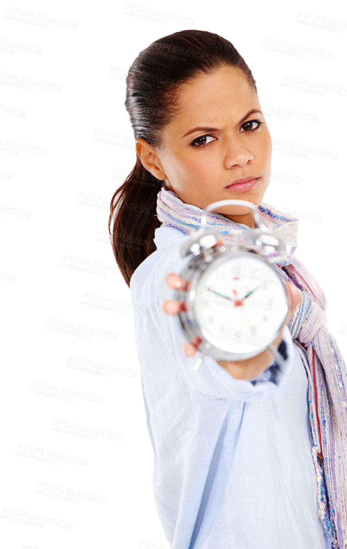 Buy stock photo Black woman, serious face and clock for alarm, time management and frustration in white background. African girl, angry and frustrated for alarm clock stressed or disappointed isolated in studio 