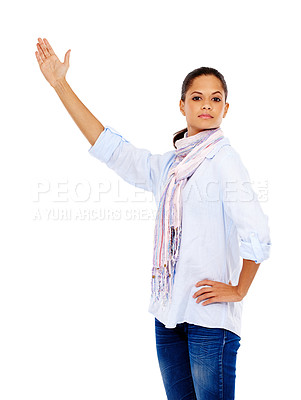 Buy stock photo Confident woman, portrait and showing hand gesture on isolated white background at promotion mockup or space. Business worker, employee and presentation mock up for advertising or marketing training