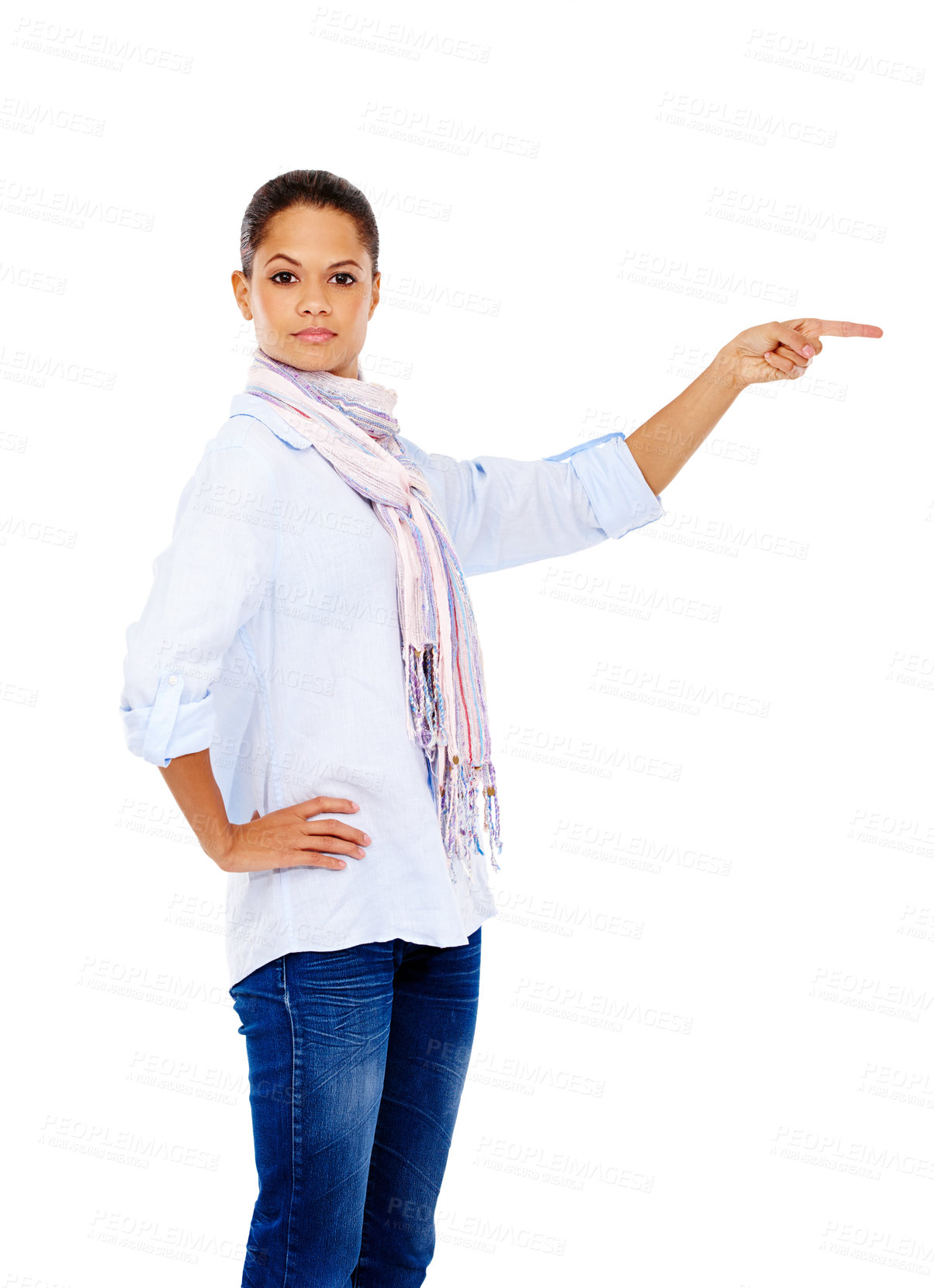 Buy stock photo Portrait, black woman and pointing for marketing, advertising and female isolated on white studio background. African American lady, girl and gesture for directions, promotion and product placement