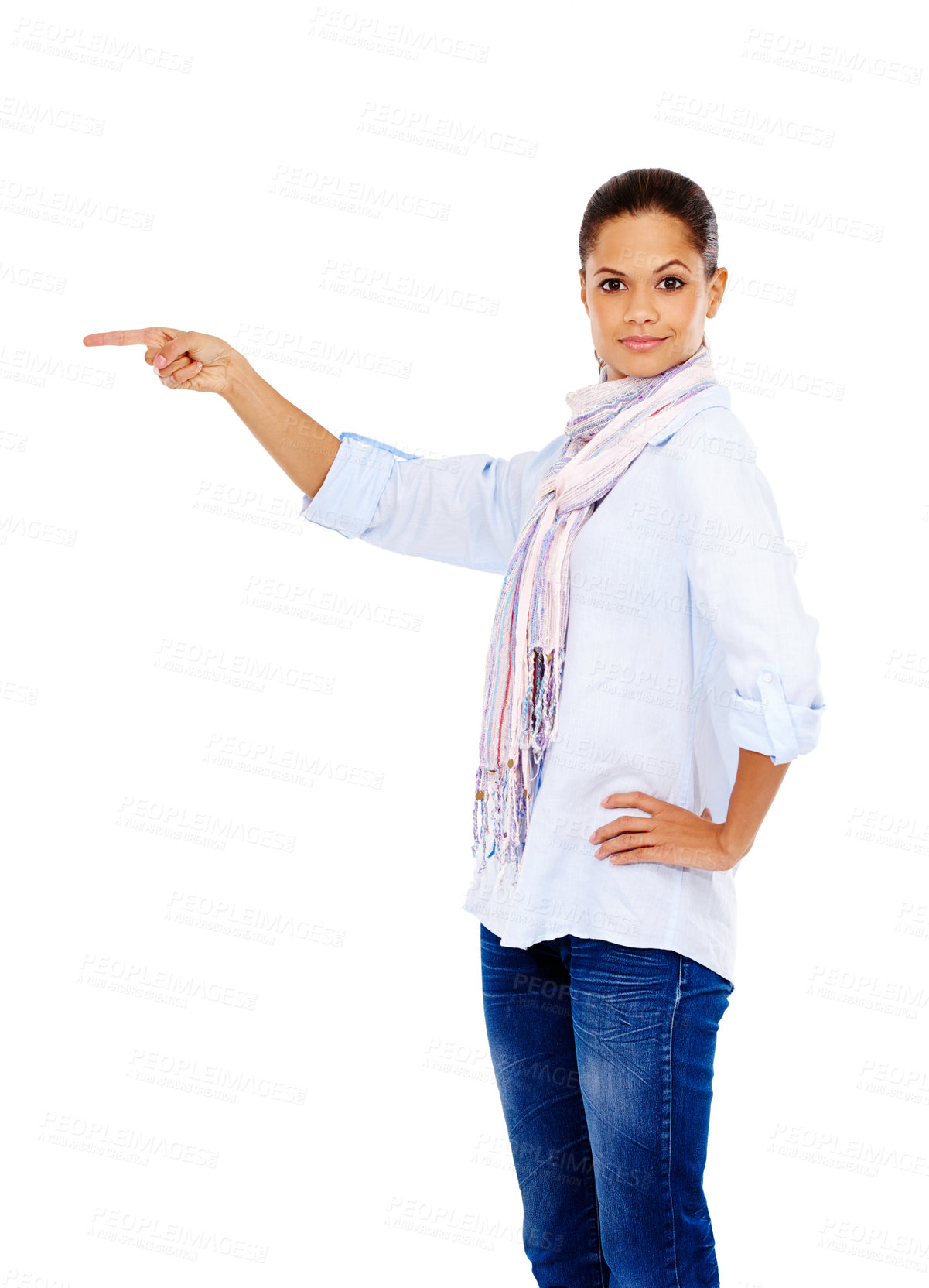 Buy stock photo Portrait, black woman or pointing for promotion, product placement or girl isolated on white studio background. Nigerian female, lady or gesture for advertising, company sales or discount on backdrop